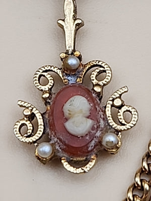 1950's-60's Victorian Revival Jadeite Cabochon/Gold Tone Cameo Dangle Brooch
