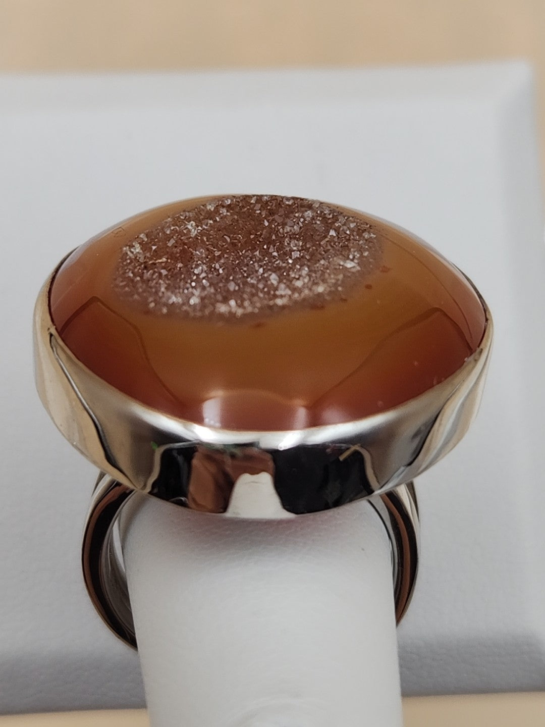 Sterling Silver/Druzy Orange Agate Cabochon/Polished Adjustable Ring Size 7.75 +