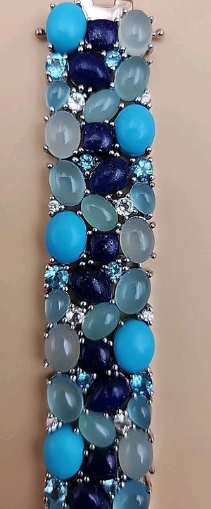 KHR JEWELS Stabilized Turquoise/Lapis/Chalcedony/Blue/White Topaz 7.5"Bracelet