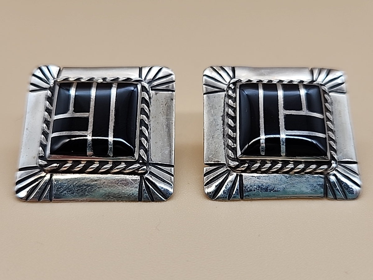 DAVID R FREELAND JR Southwestern Black Onyx Inlaid/Sterling Silver Earrings