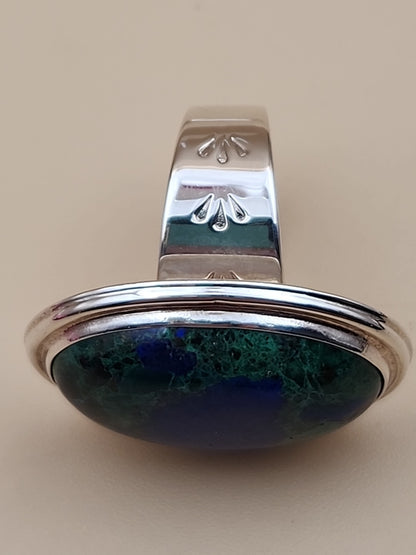 DESERT ROSE TRADING Azurite/Sterling Silver/Stamped Design Band/Ring Size 8