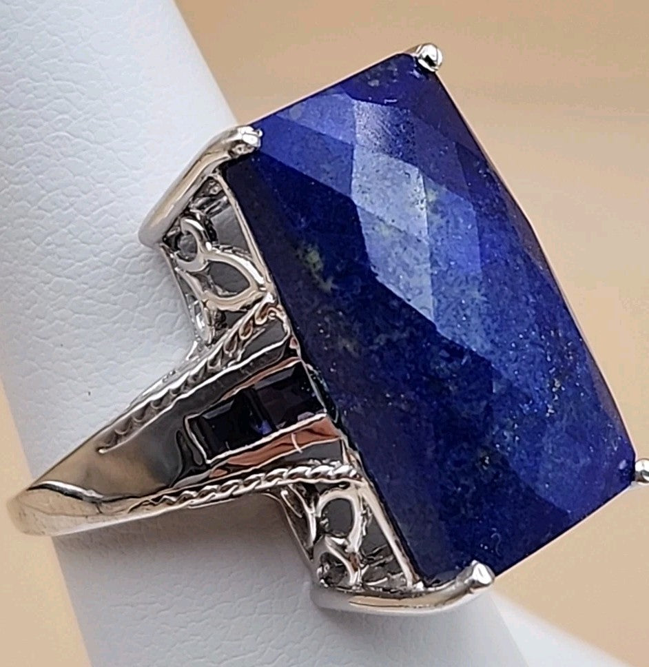 Faceted Lapis Lazuli/Sterling Silver Filagree Ring Size 7