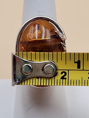 Cognac Baltic Amber/Sterling Silver Leaf Adjustable Ring Size 7.5