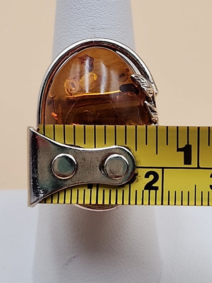 Cognac Baltic Amber/Sterling Silver Leaf Adjustable Ring Size 7.5