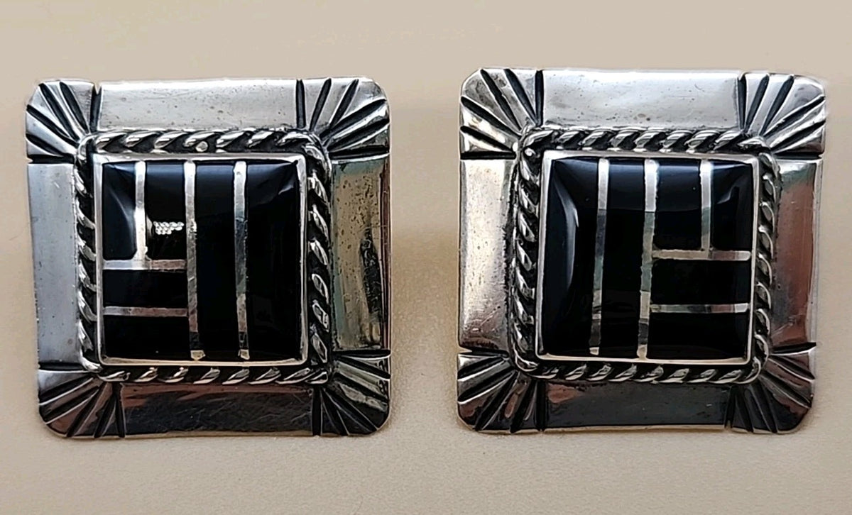 DAVID R FREELAND JR Southwestern Black Onyx Inlaid/Sterling Silver Earrings