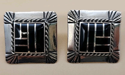 DAVID R FREELAND JR Southwestern Black Onyx Inlaid/Sterling Silver Earrings