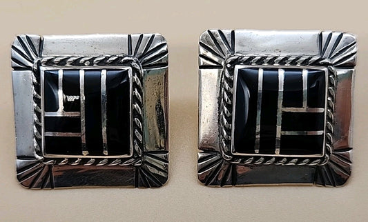 DAVID R FREELAND JR Southwestern Black Onyx Inlaid/Sterling Silver Earrings