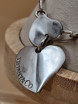 TIFFANY AND CO. 925 Silver Dbl. Dangle Heart 8" Open Link Charm Bracelet