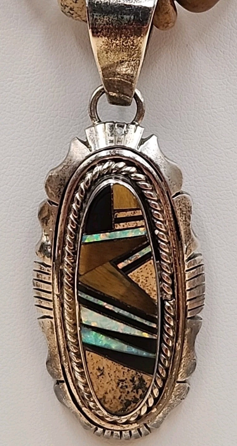 MELVIN FRANCIS Navajo 925 /Onyx/Jasper/Tiger Eye Inlay Pendant & Necklace