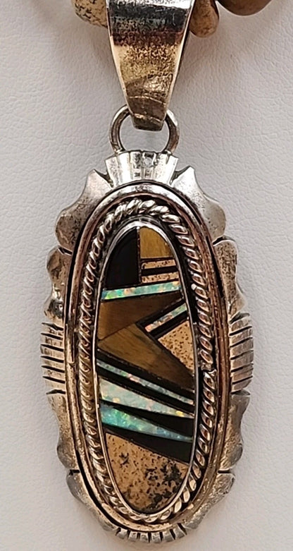 MELVIN FRANCIS Navajo 925 /Onyx/Jasper/Tiger Eye Inlay Pendant & Necklace