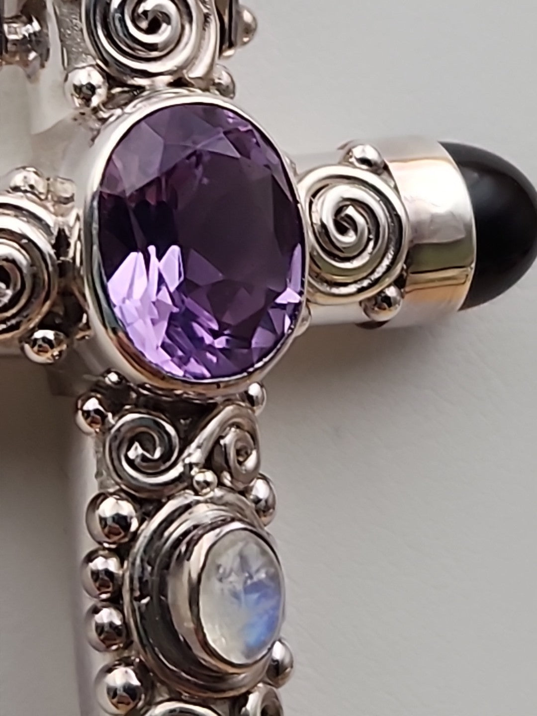 SAJEN Sterling Silver/Amethyst/Moonstone/Black Onyx Swirl Cross Pendant