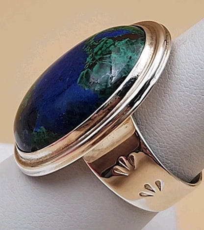 DESERT ROSE TRADING Azurite/Sterling Silver/Stamped Design Band/Ring Size 8