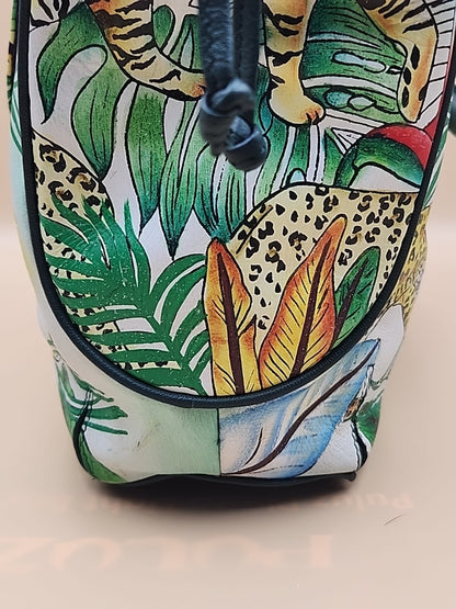 Sharif Hand Painted Jungle Tiger  Leather Hand Bag With  Detachable Crossbody