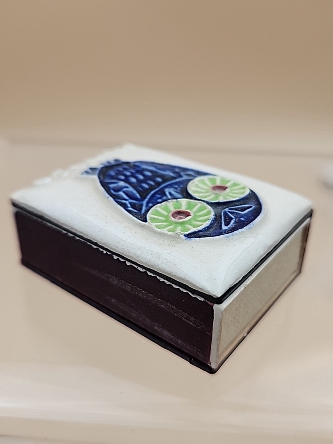 Ceramic Topped Vintage Matchbox Cover With Wood Matches From Monaco