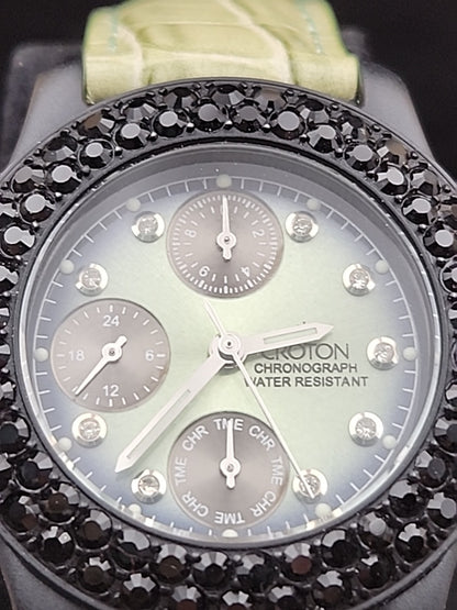 CROTON Green Leather Band/Chronograph/Water Resistant Gemmed Womens Watch