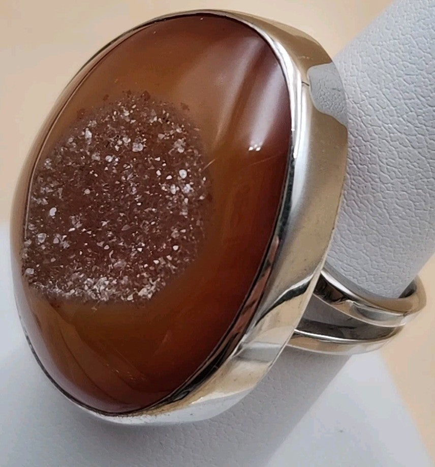 Sterling Silver/Druzy Orange Agate Cabochon/Polished Adjustable Ring Size 7.75 +