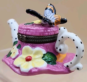 Limoges Hand Painted Teapot Sunhat With Butterfly/Flowers Porcelain Trinket Box