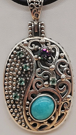 BERIA Turkish Turquoise/Mystic Topaz/Green Onyx/Sterling Silver Filagree Pendant