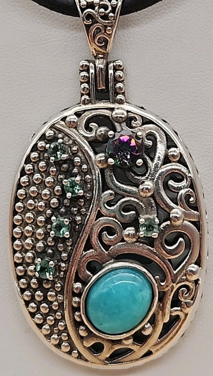 BERIA Turkish Turquoise/Mystic Topaz/Green Onyx/Sterling Silver Filagree Pendant
