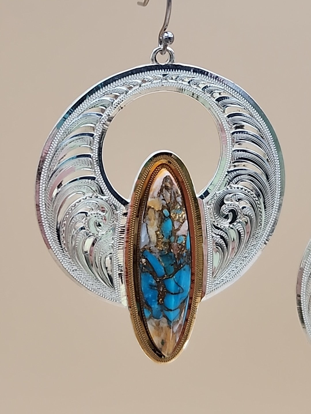 Chrysocolla Shattuckite/ Engraved Sterling Silver Hoop Style Dangle Earrings