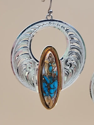 Chrysocolla Shattuckite/ Engraved Sterling Silver Hoop Style Dangle Earrings