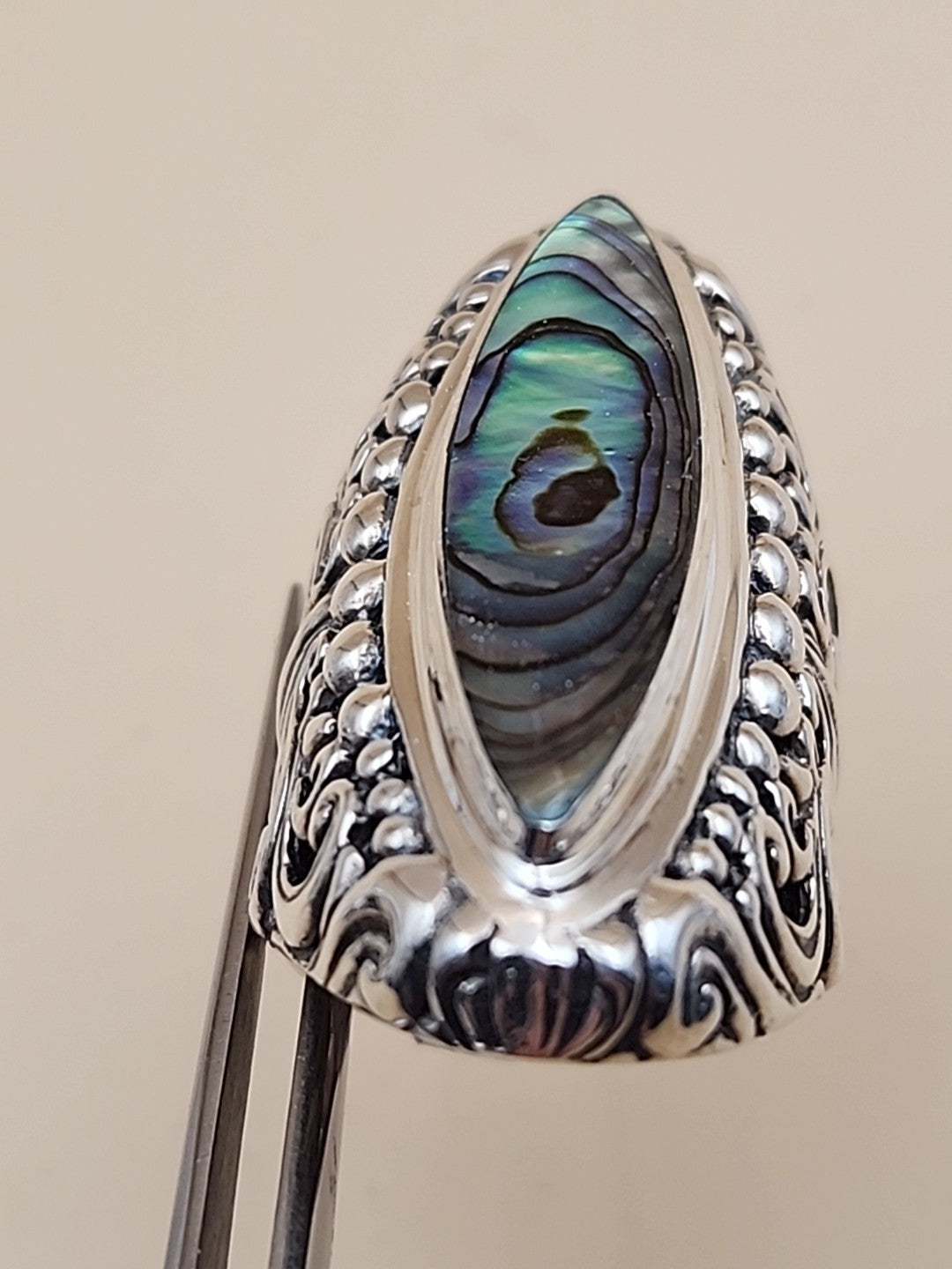 SAMUEL B. Abalone Shell  Sterling Silver Filigree Ring Size 8.25