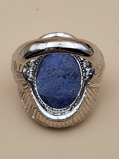 LYDIA Lapis Lazuli/Pearl/Sterling Silver Hand Carved Cameo Ring Size 7