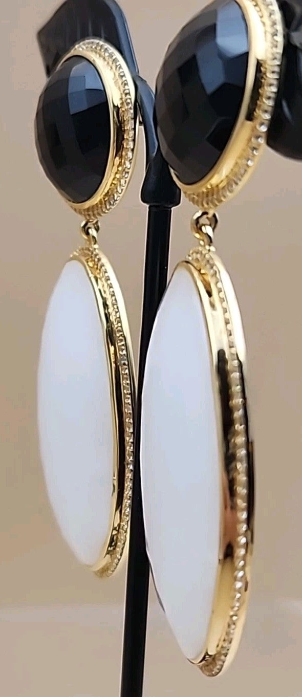 ROSS SIMONS 18k Over Sterling White Agate/ Black Onyx/White Topaz Drop Earrings