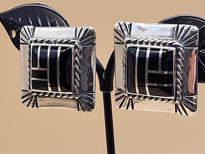 DAVID R FREELAND JR Southwestern Black Onyx Inlaid/Sterling Silver Earrings