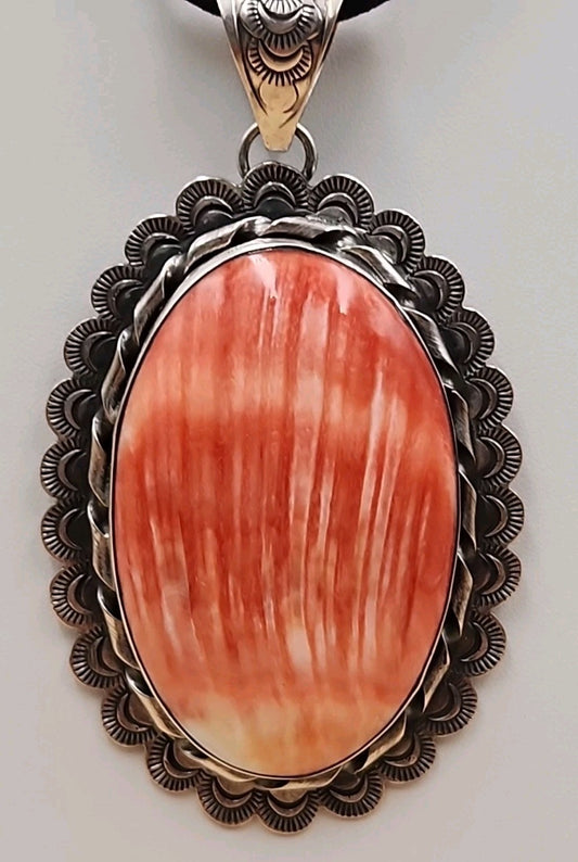 GILBERT PLATERO Navajo Orange Spiny Oyster/Sterling Silver SignedVintage Pendant