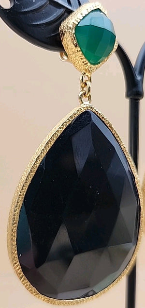 HSN CAROL BRODIE Gold Vermeil Faceted Black & Green Onyx Pear Drop Earrings