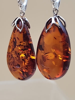 Baltic Cognac Amber/Sterling Silver 1.75" Drop/Dangle Earrings