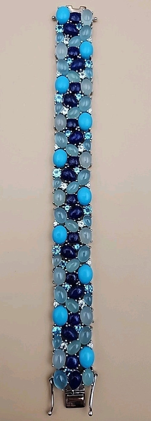 KHR JEWELS Stabilized Turquoise/Lapis/Chalcedony/Blue/White Topaz 7.5"Bracelet