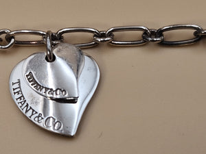 TIFFANY AND CO. 925 Silver Dbl. Dangle Heart 8" Open Link Charm Bracelet