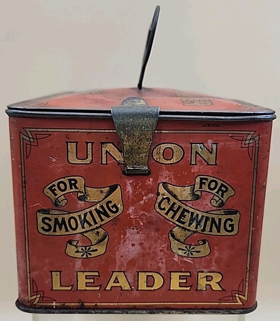 1900's UNION LEADER Antique Cut Plug Tobacco Tin With Lock And Handle