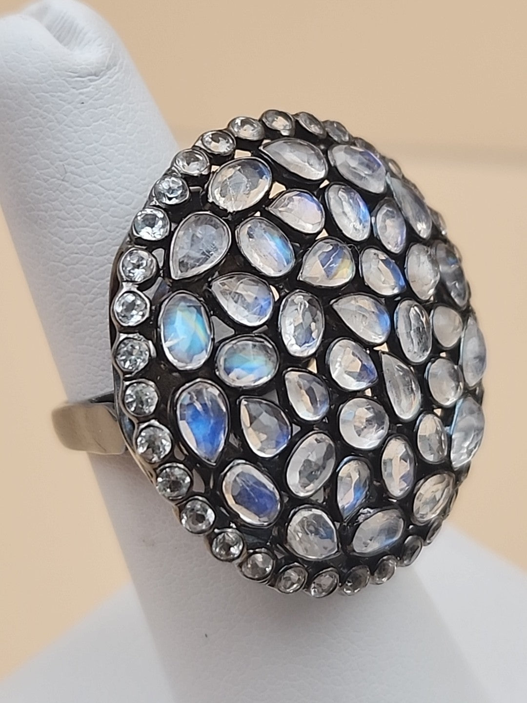 ROSS SIMONS 925 Silver/Moonstone/White Topaz Cluster Ring Sz. 6.25 & Earring Set