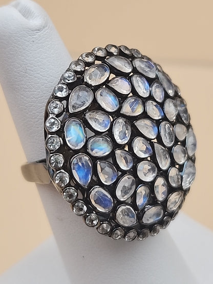ROSS SIMONS 925 Silver/Moonstone/White Topaz Cluster Ring Sz. 6.25 & Earring Set