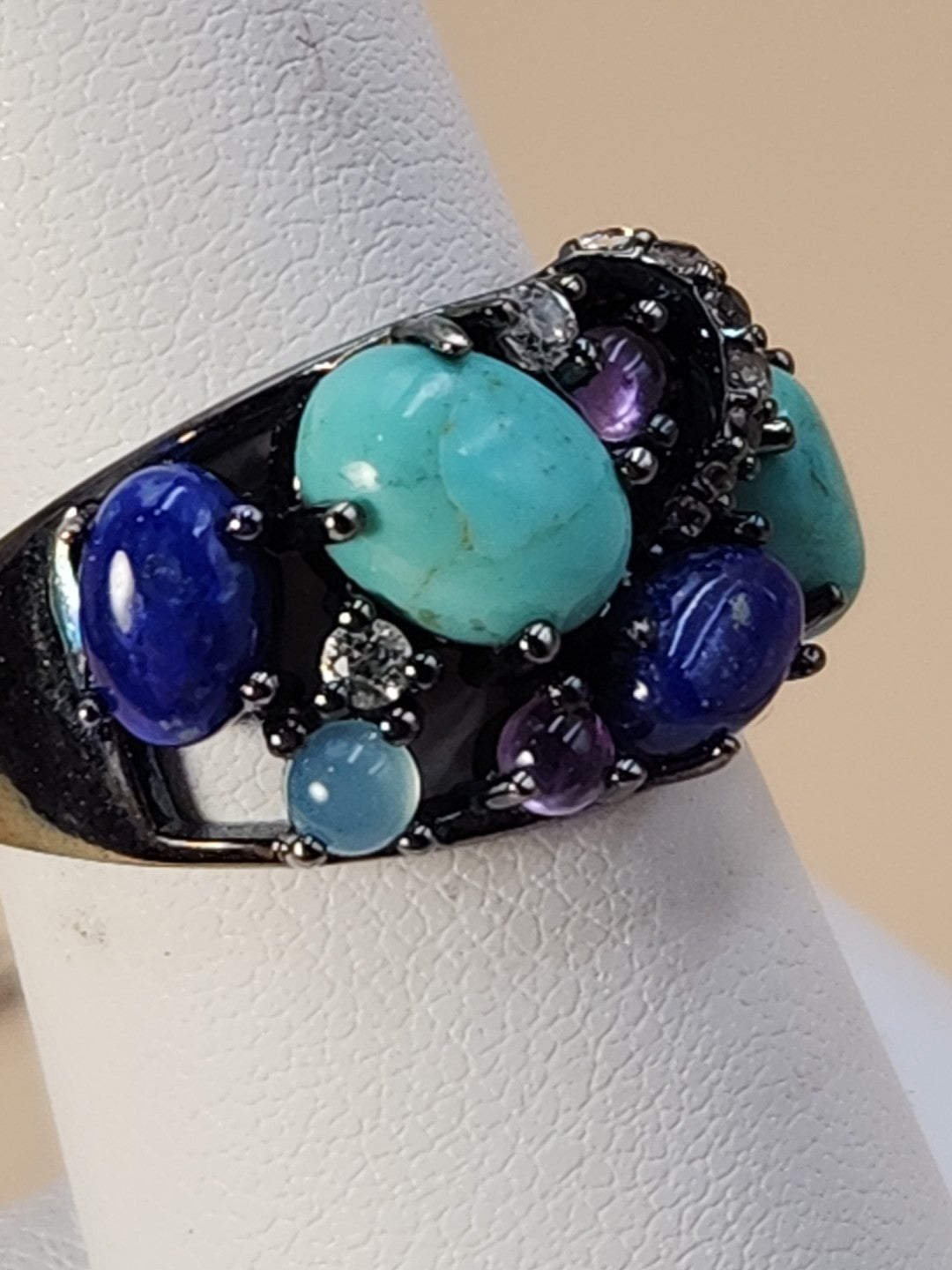 ROSS SIMONS Turquoise/Lapis/Amethyst/Black Rhodium Over Sterling Ring Size 7.25