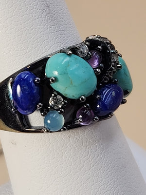 ROSS SIMONS Turquoise/Lapis/Amethyst/Black Rhodium Over Sterling Ring Size 7.25