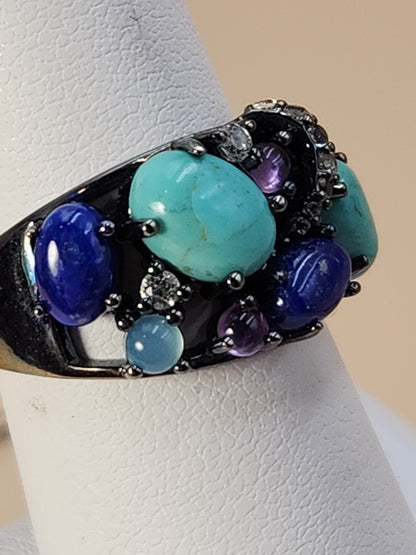 ROSS SIMONS Turquoise/Lapis/Amethyst/Black Rhodium Over Sterling Ring Size 7.25