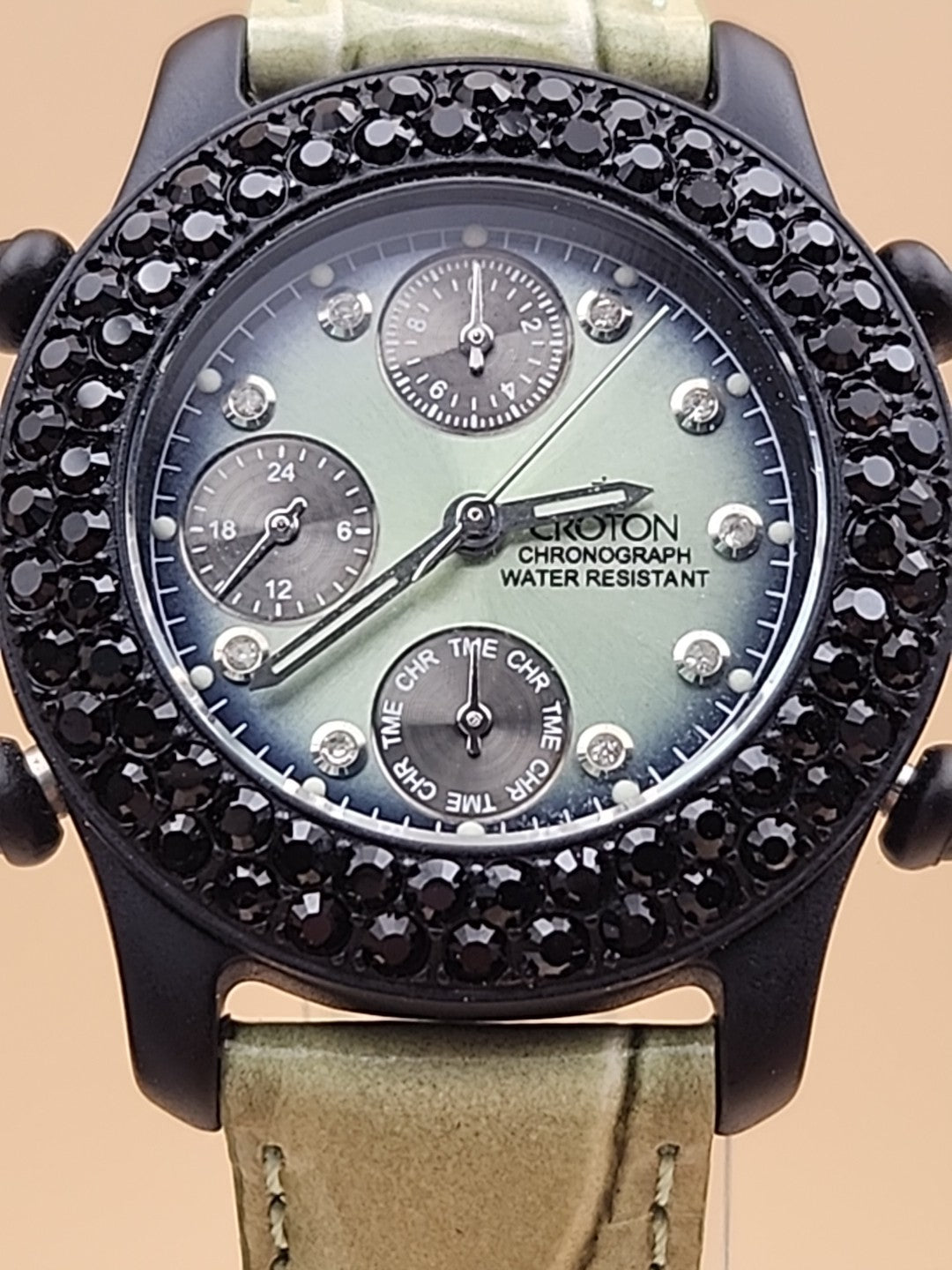 CROTON Green Leather Band/Chronograph/Water Resistant Gemmed Womens Watch