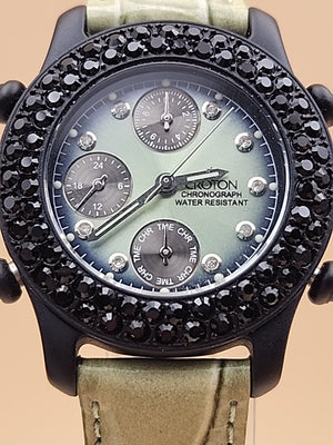 CROTON Green Leather Band/Chronograph/Water Resistant Gemmed Womens Watch