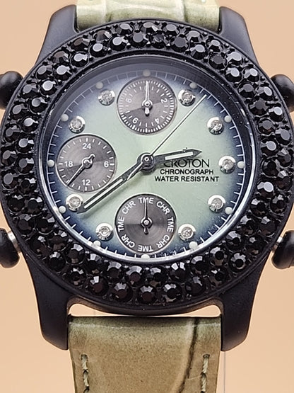 CROTON Green Leather Band/Chronograph/Water Resistant Gemmed Womens Watch