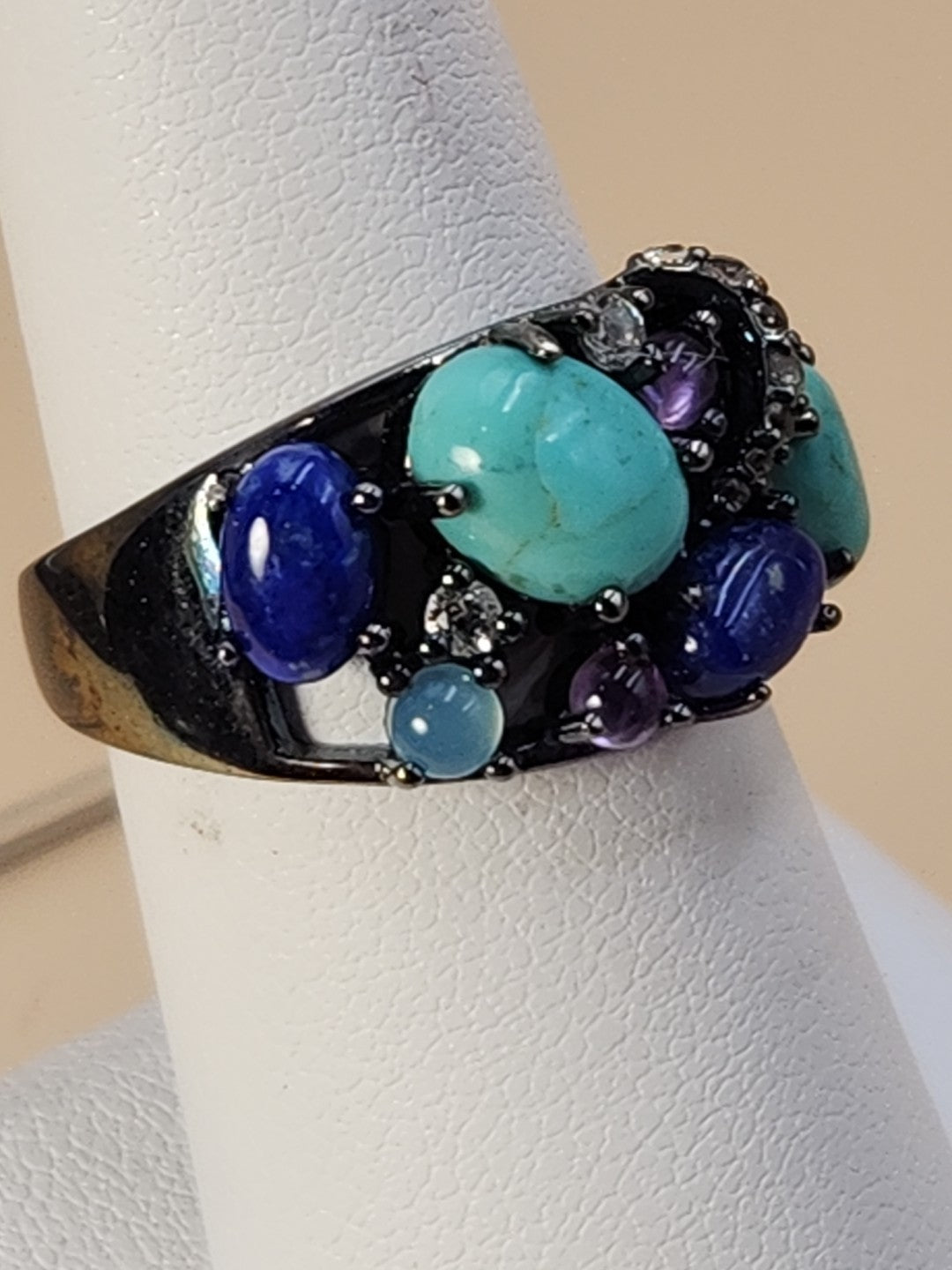 ROSS SIMONS Turquoise/Lapis/Amethyst/Black Rhodium Over Sterling Ring Size 7.25