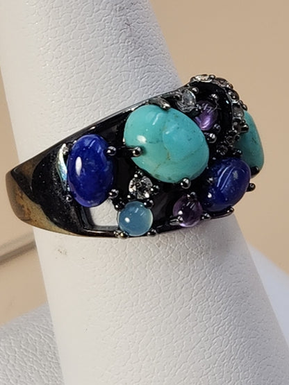 ROSS SIMONS Turquoise/Lapis/Amethyst/Black Rhodium Over Sterling Ring Size 7.25