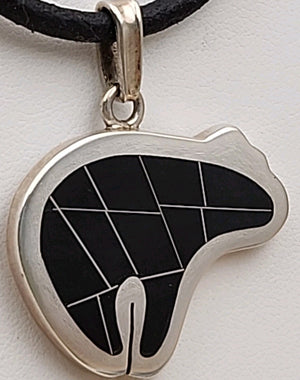 Mexico Southwest Style 950 Fine Silver/ Black Inlaid Onyx Bear Pendant