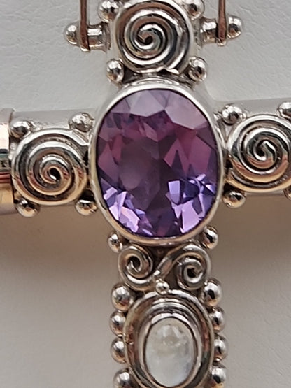 SAJEN Sterling Silver/Amethyst/Moonstone/Black Onyx Swirl Cross Pendant