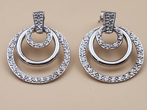 Sterling Silver Dbl. Beaded Chain/ Triple Circle Crystal Pendant & Earrings Set