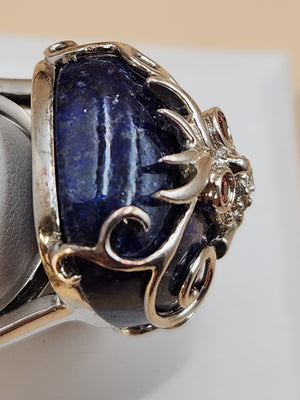 Lapis Lazuli/Sterling Silver/Clear Crystal/Red Garnet Owl Design Ring Size 7.75