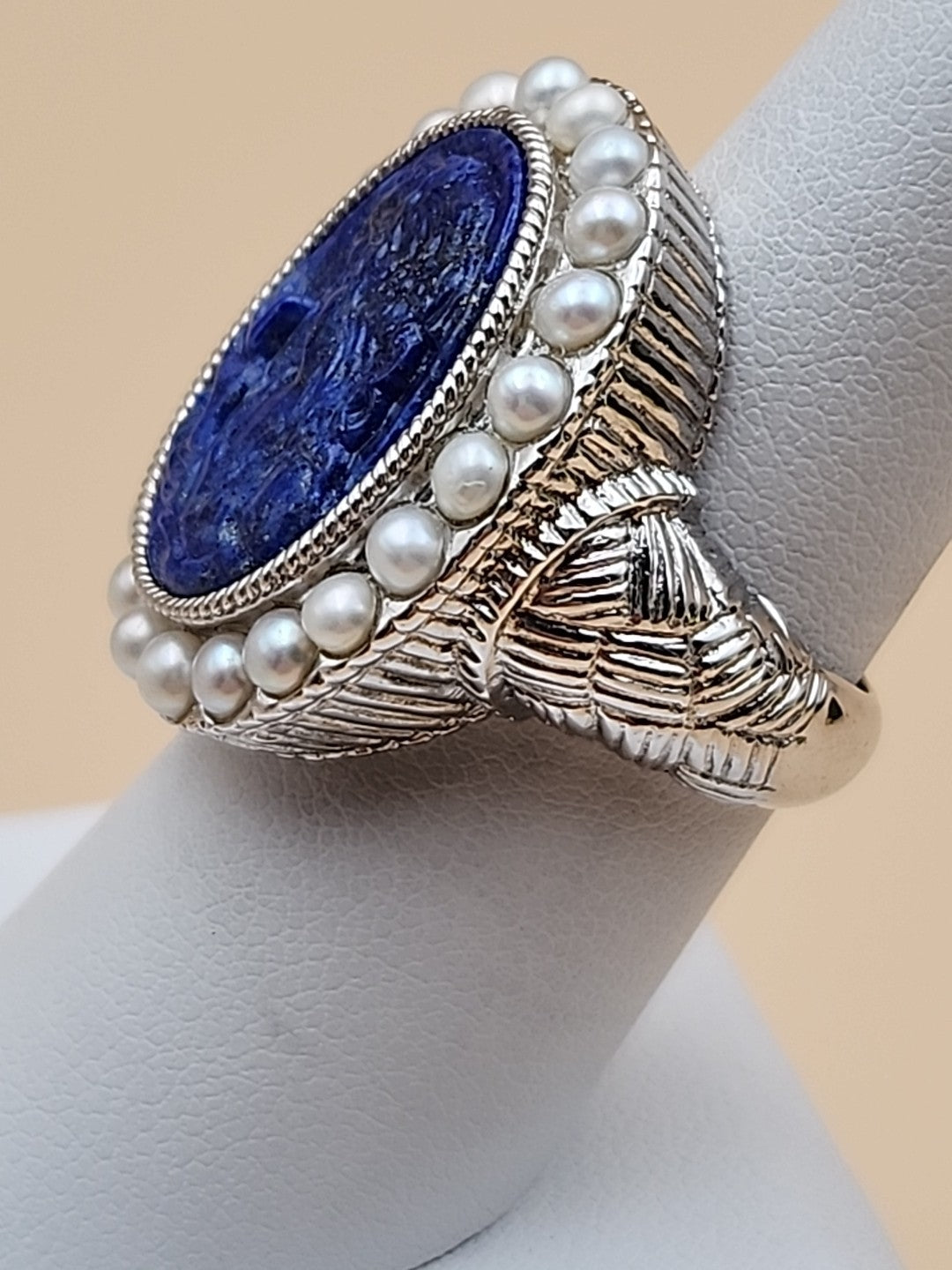 LYDIA Lapis Lazuli/Pearl/Sterling Silver Hand Carved Cameo Ring Size 7